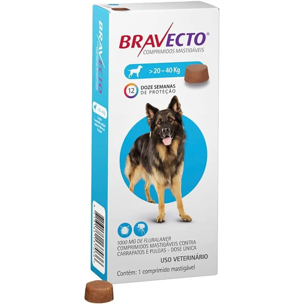 Bravecto 20 a 40kg Antipulgas Oral Cães Comprimido Mastigável 1000mg 1 Comprimido - 12 Semanas