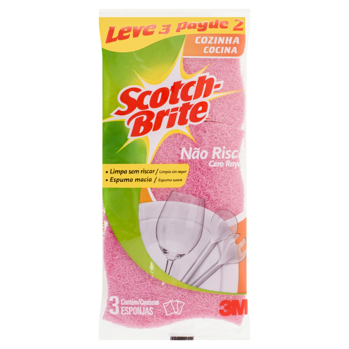 Esponja Rosa Não Risca Cozinha Scotch Brite Leve 3 Pague 2 Unidades