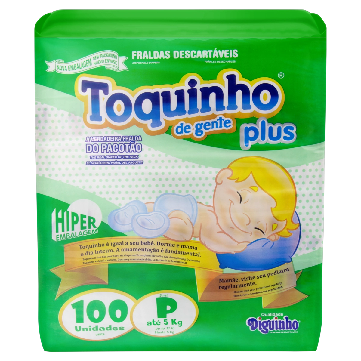 Fralda Descartável Infantil Diguinho Toquinho De Gente Plus P Pacote 100 Unidades