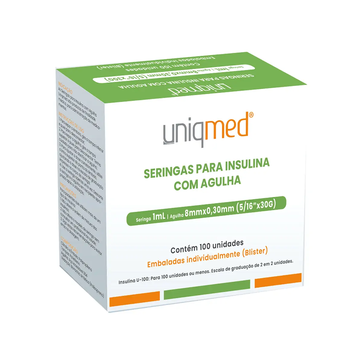 Seringa Insulina 1ml Estéril Agulha 8x0,25mm 30G - Cx 100un - UniqMed