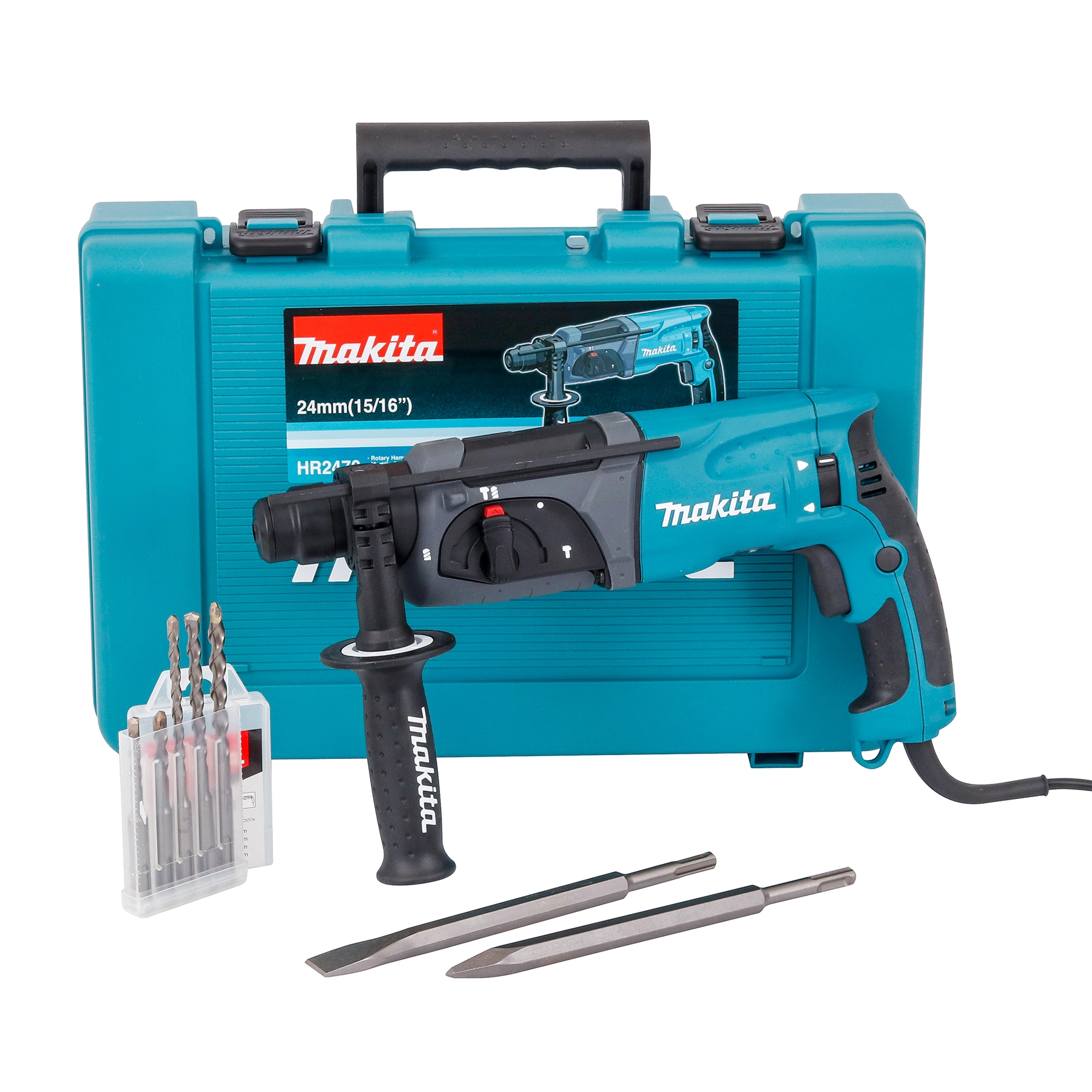 Martelete Perfurador Rompedor Makita com Maleta com 5 Brocas e Acessórios SDS Plus 800W 2,7J HR 2470 220V