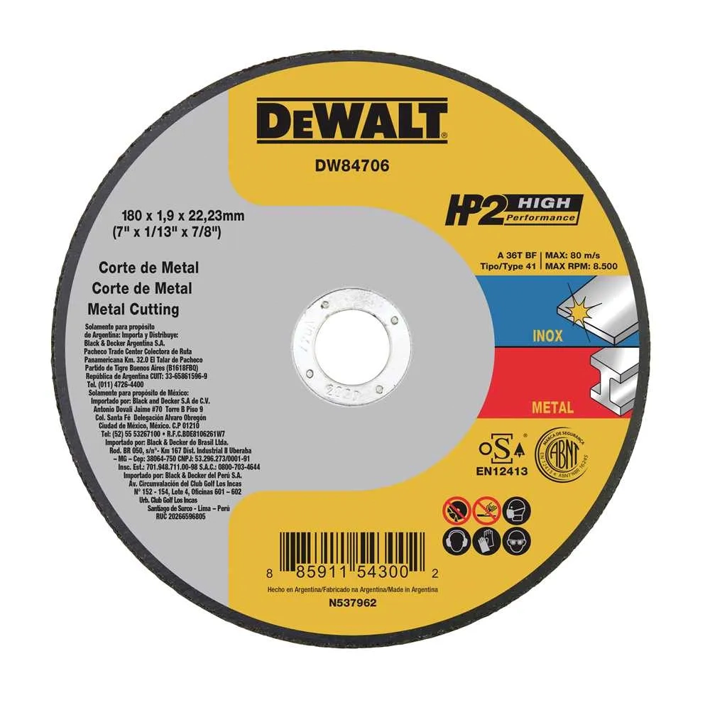 Disco De Corte 180x1.9x22mm Aço/inox Dewalt Hp2 Dw84706