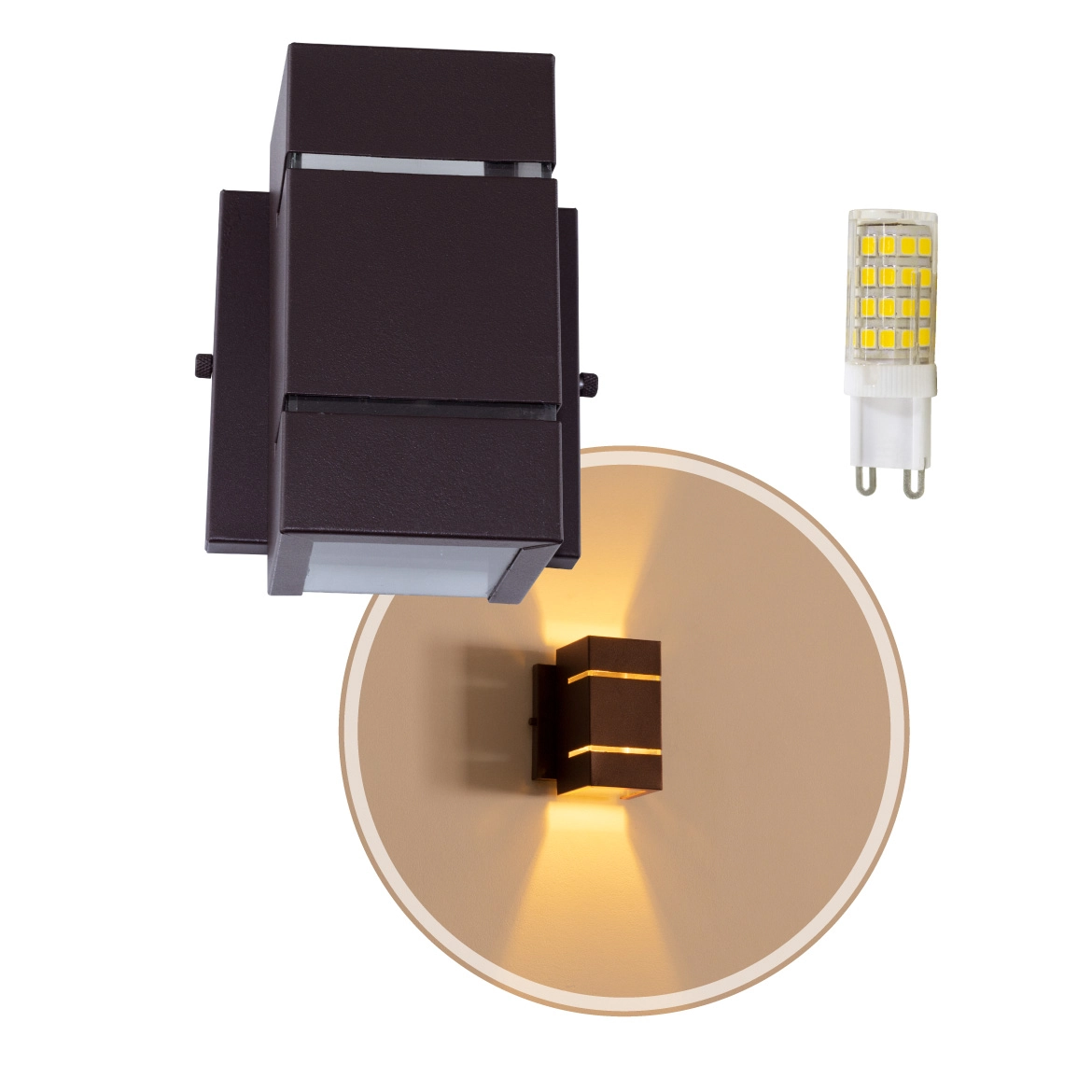 Arandela 2 fachos e frisos em alumínio marrom + LED G9 5w Bivolt 3000k st419