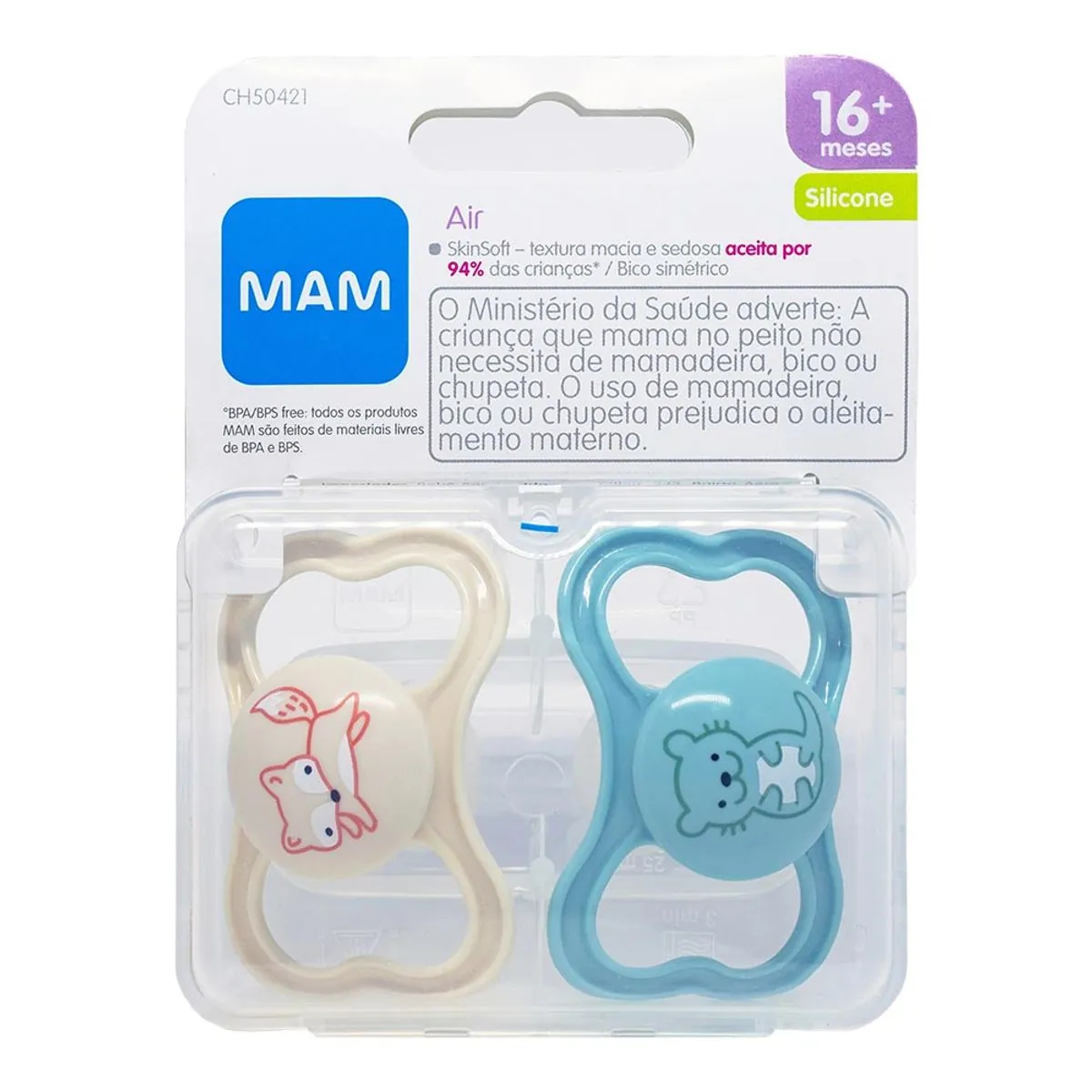 Chupeta Branca E Azul Air Silicone Mam A Partir De 16 Meses 2 Unidades