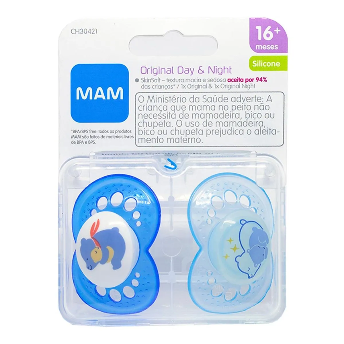 Chupeta Azul Claro E Azul Escuro Original Day Night Silicone Mam A Partir De 16 Meses 2 Unidades