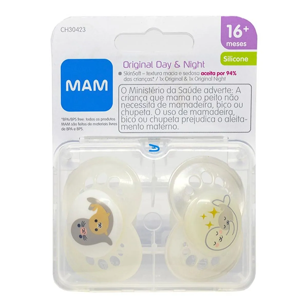 Chupeta Branca E Cinza Original Day Night Silicone Mam A Partir De 16 Meses 2 Unidades