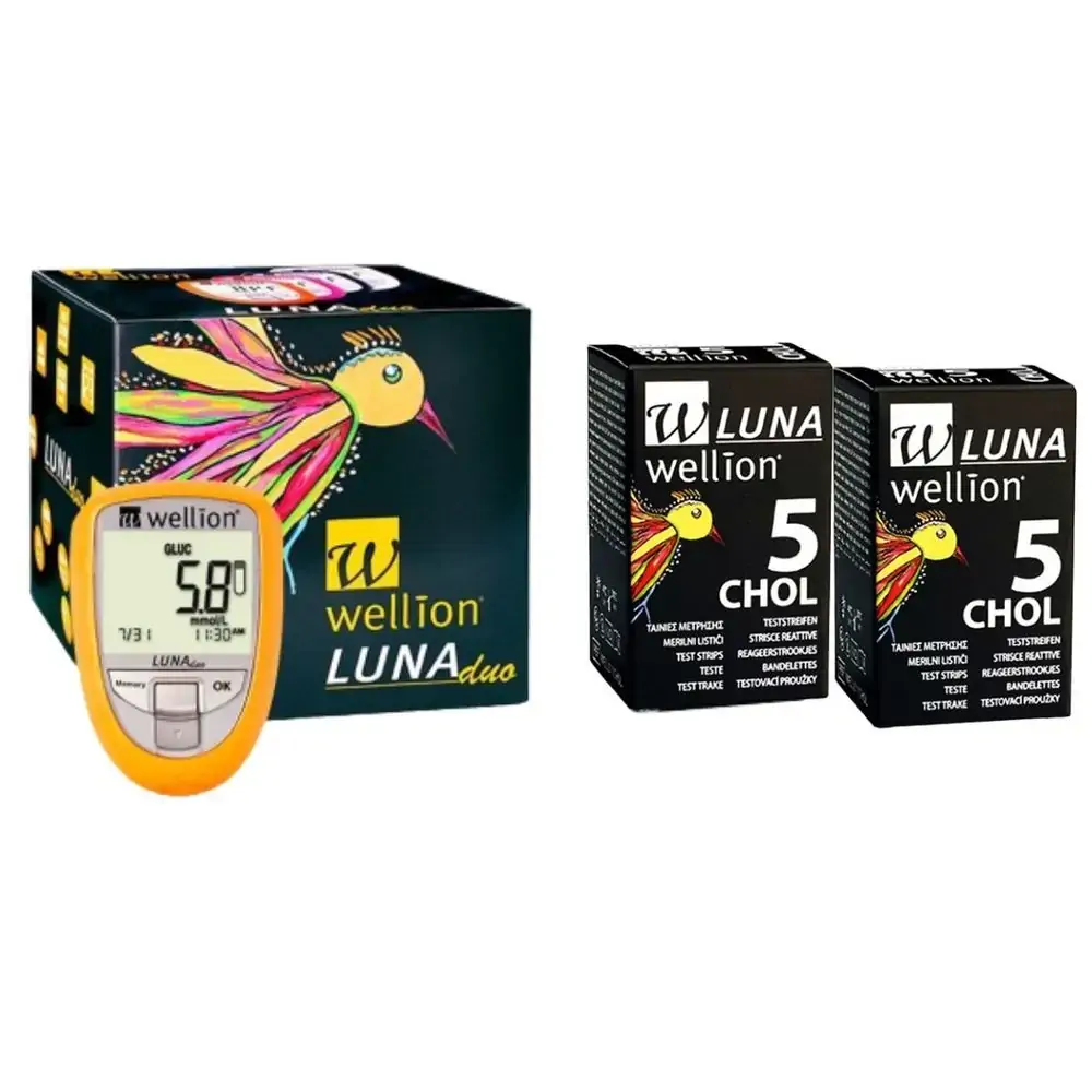 Medidor de Glicose Luna Amarelo + 100 Tiras de Glicose Wellion