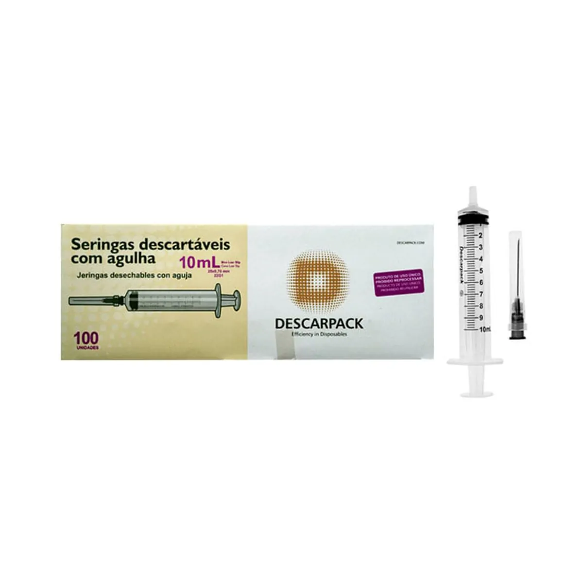 Seringa 10 ml com Agulha 25x7 Bico Slip - Caixa com 100 Unidades