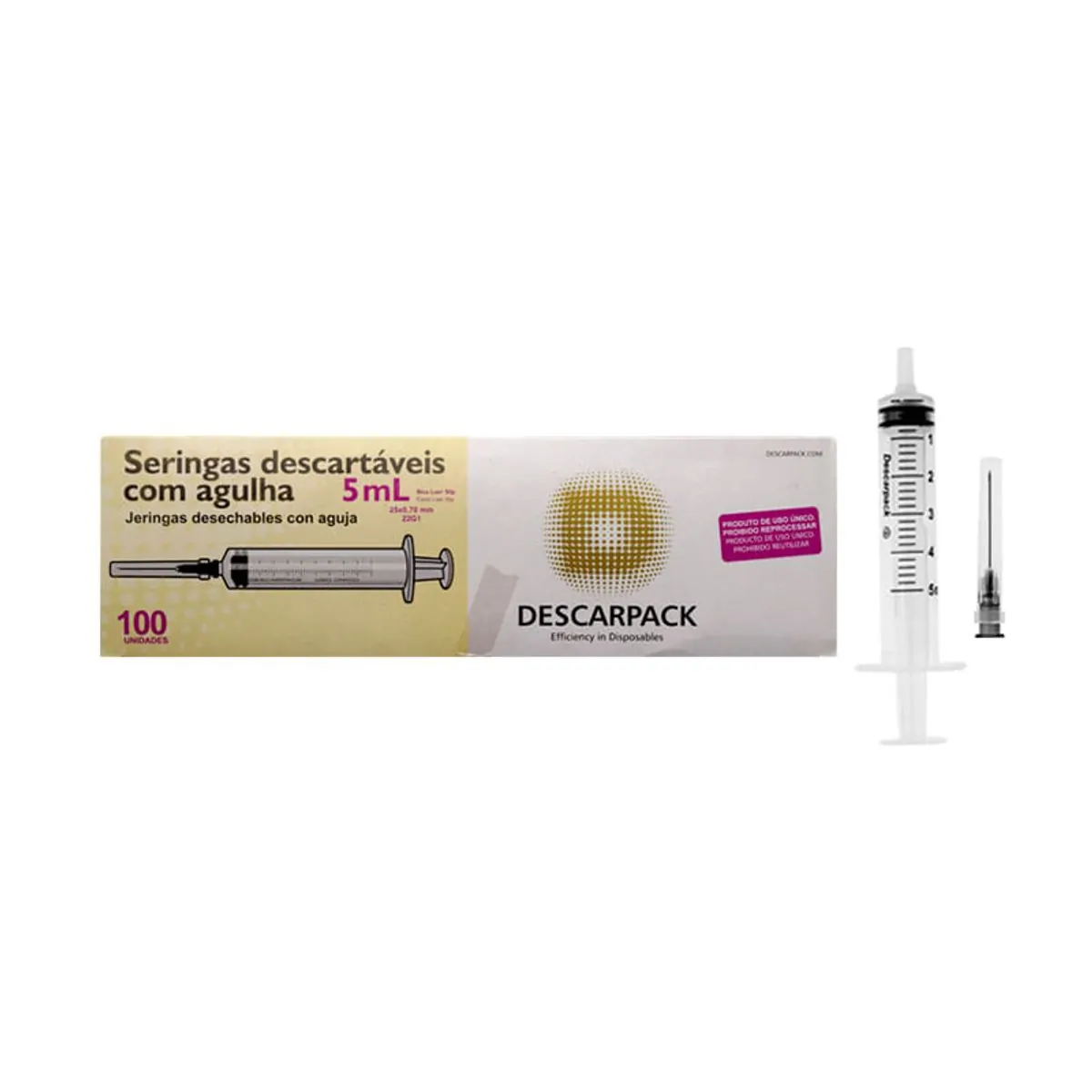Seringa 5 ml com Agulha 25x7 Bico Slip - Caixa 100 Unidades