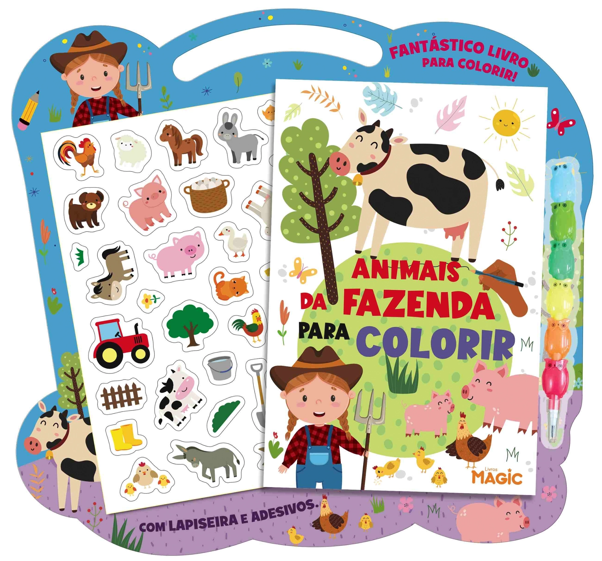 Fasntastico Livro Animais Da Fazenda Para Colorir Com Giz De Cera E Adesivos