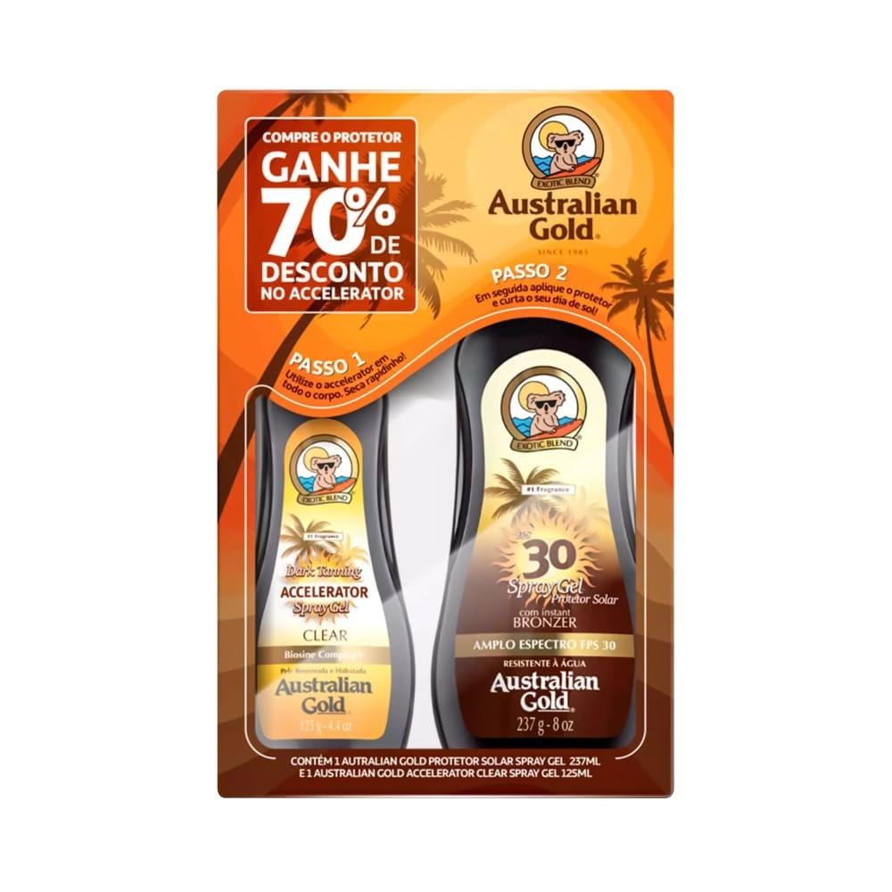 Kit Protetor Solar Gel Fps 30 Australian Gold Exotic Blend 237g Spray Grátis 70 De Desconto No Bronz