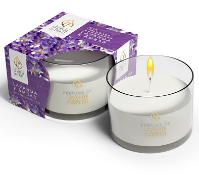 Vela Perfumada Copo Tampa Lavanda Ambar 70g 70laam Chama De Ouro