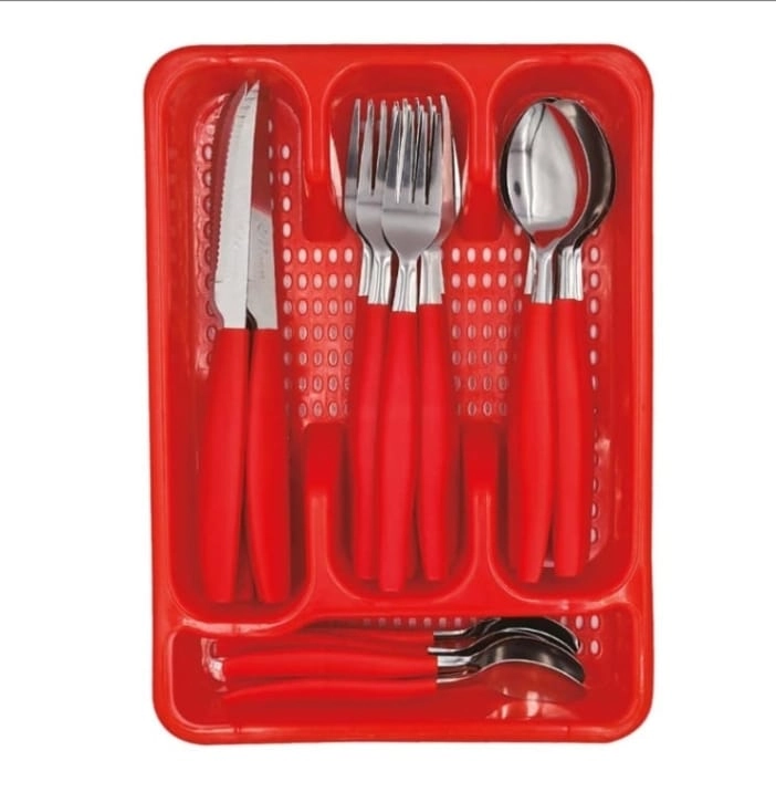 Jogo De Talheres Vermelh 24 Pcs Com Porta Talheres