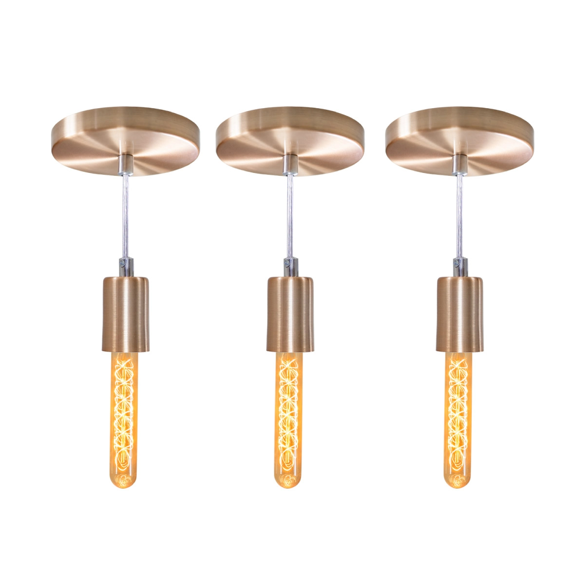 Kit 3x Pendente Tubo Cilindro Alumínio Cobre Escovado + Filamento Carbono T30 110v St458