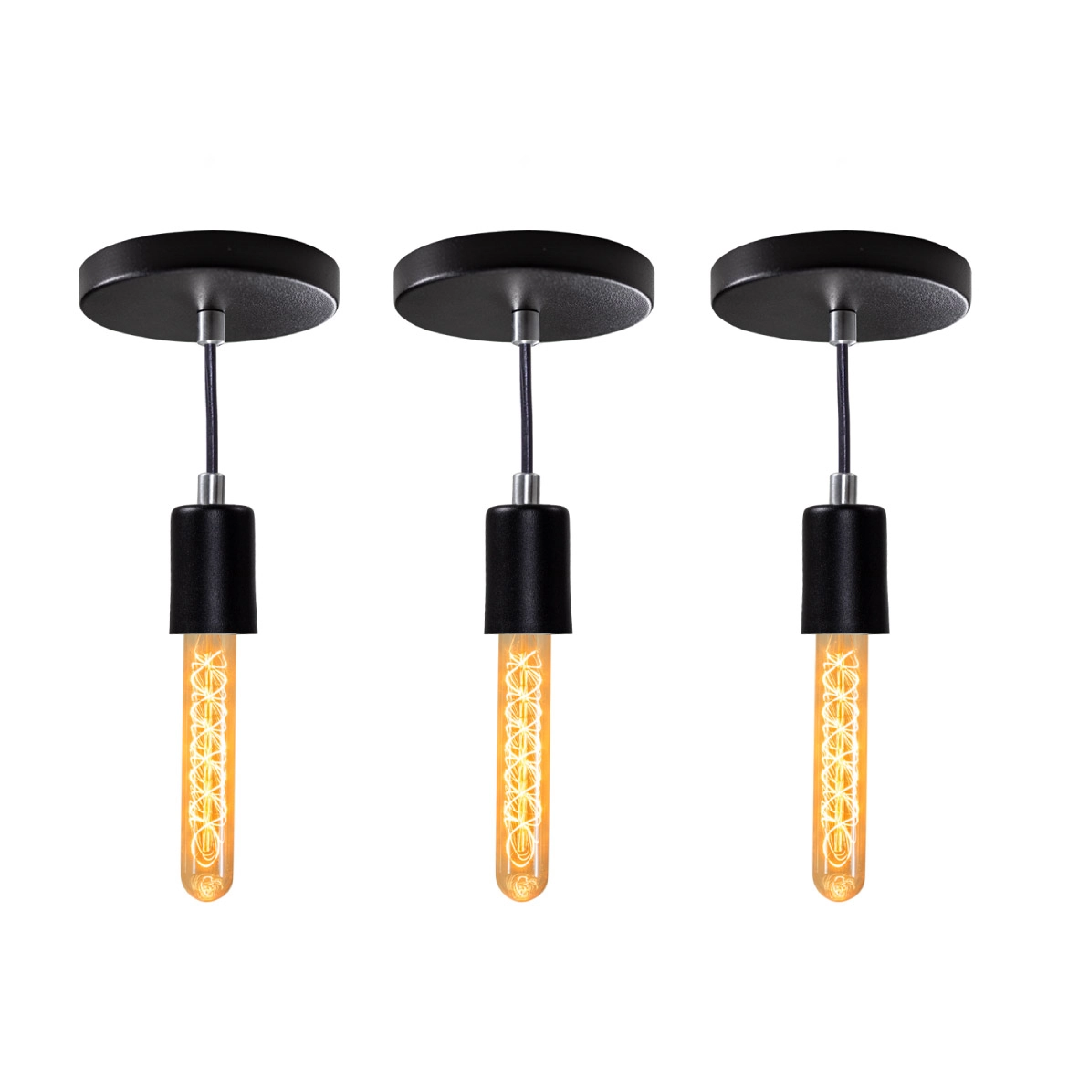 Kit 3x Pendente Tubo Cilindro Alumínio Preto + Filamento Carbono T30 110v St458