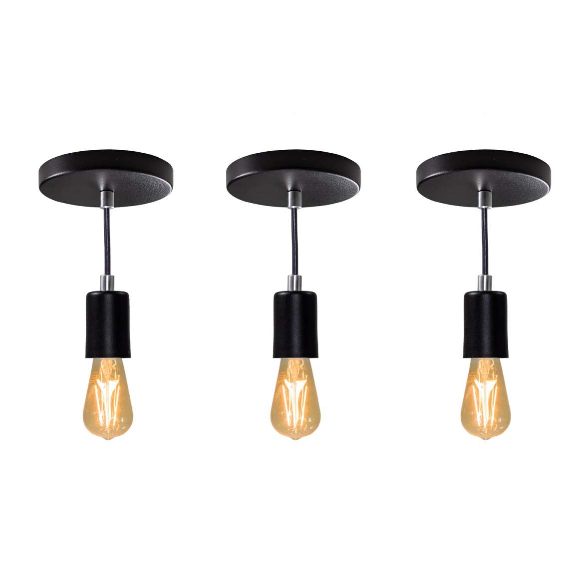 Kit 3x Pendente Tubo Cilindro Alumínio Preto + Filamento Carbono St64 220v St458