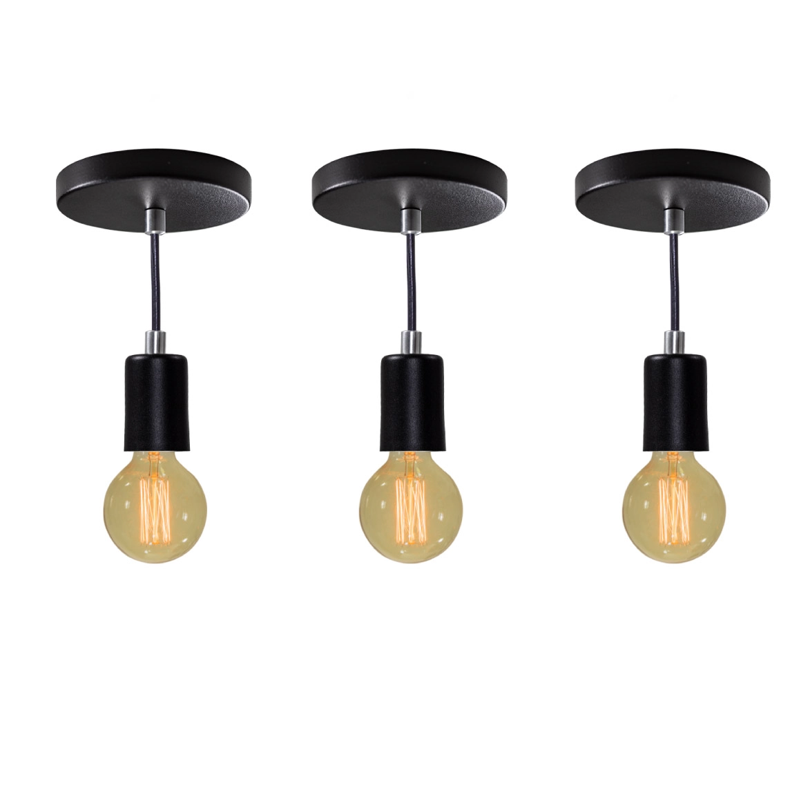 Kit 3x Pendente Tubo Cilindro Alumínio Preto + Filamento Carbono G95 220v St458
