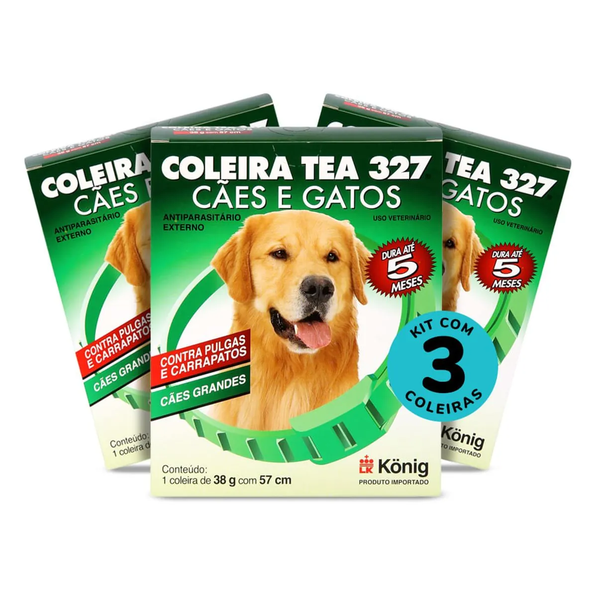 Kit Coleira Contra Pulgas E Carrapatos TEA 327 Cães Grandes König 38g C/ 57cm C/ 3 unidades