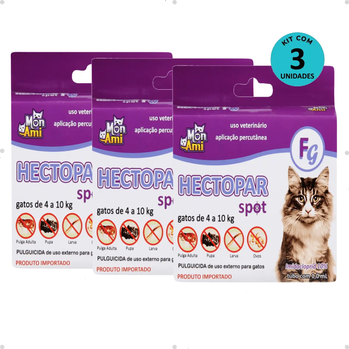 Kit Antipulgas Hectopar Mon Ami 1ml - Gatos de 4 a 10kg C/ 3 unidades
