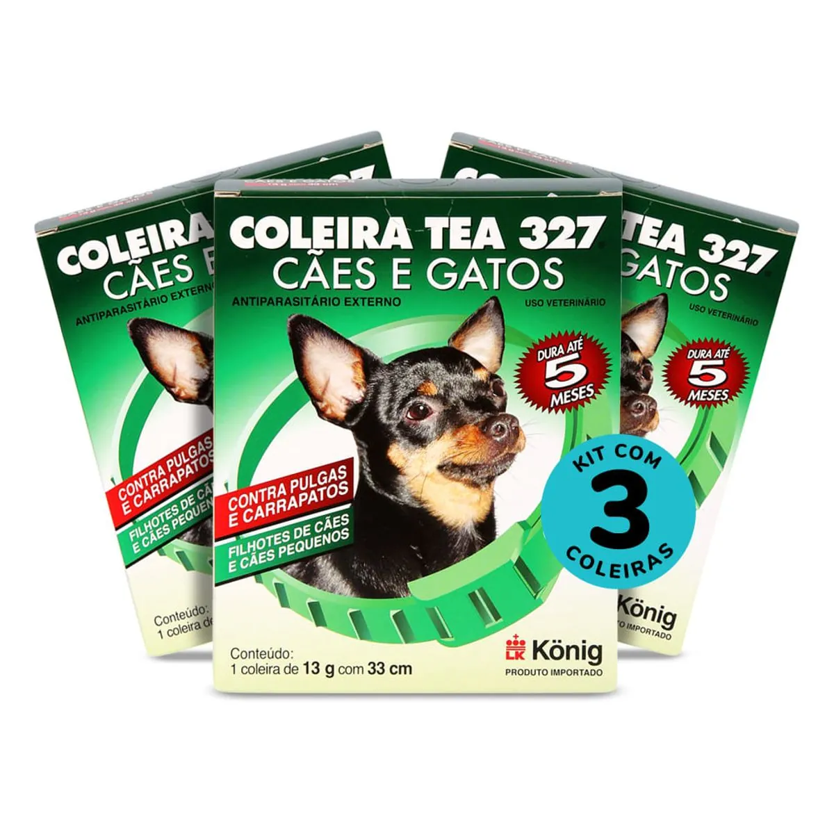 Kit Coleira Contra Pulgas E Carrapatos TEA 327 Cães Pequenos König 13g C/ 33cm C/ 3 unidades