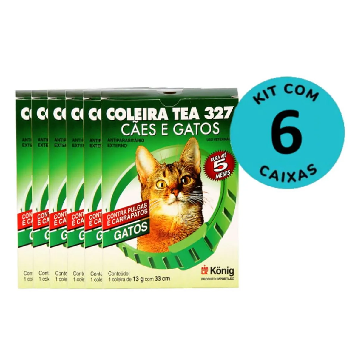 Kit Coleira Contra Pulgas e Carrapatos TEA 327 Gatos König 13g c/ 33cm C/ 6 unidades