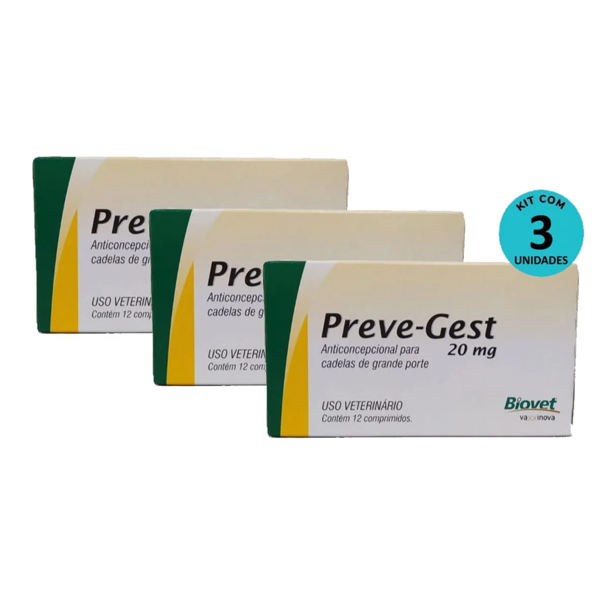 Kit Anticoncepcional Preve-Gest Biovet 20mg c/ 12 Comprimidos C/ 3 unidades