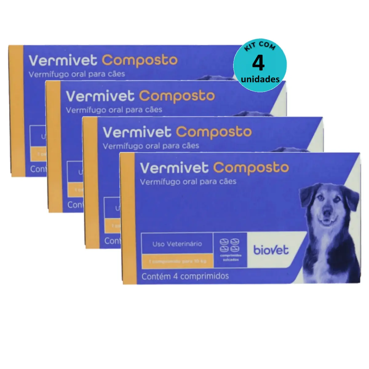 Kit Vermífugo Vermivet Composto Biovet 600mg c/ 4 Comprimidos C/ 4 unidades