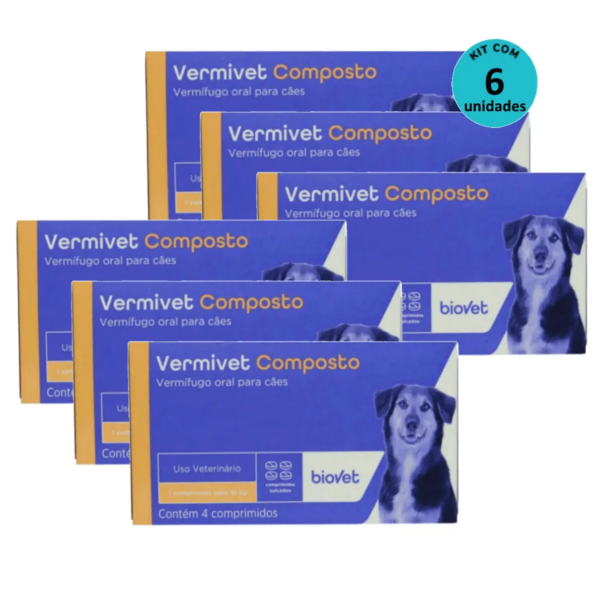 Kit Vermífugo Vermivet Composto Biovet 600mg c/ 4 Comprimidos C/ 6 unidades