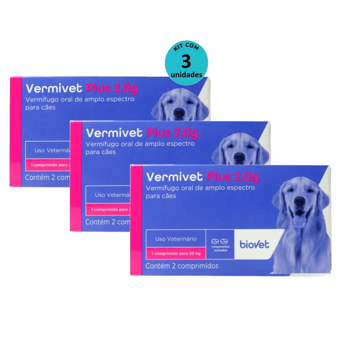 Kit Vermífugo Vermivet Plus Biovet 2g c/ 2 Comprimidos C/ 3 unidades