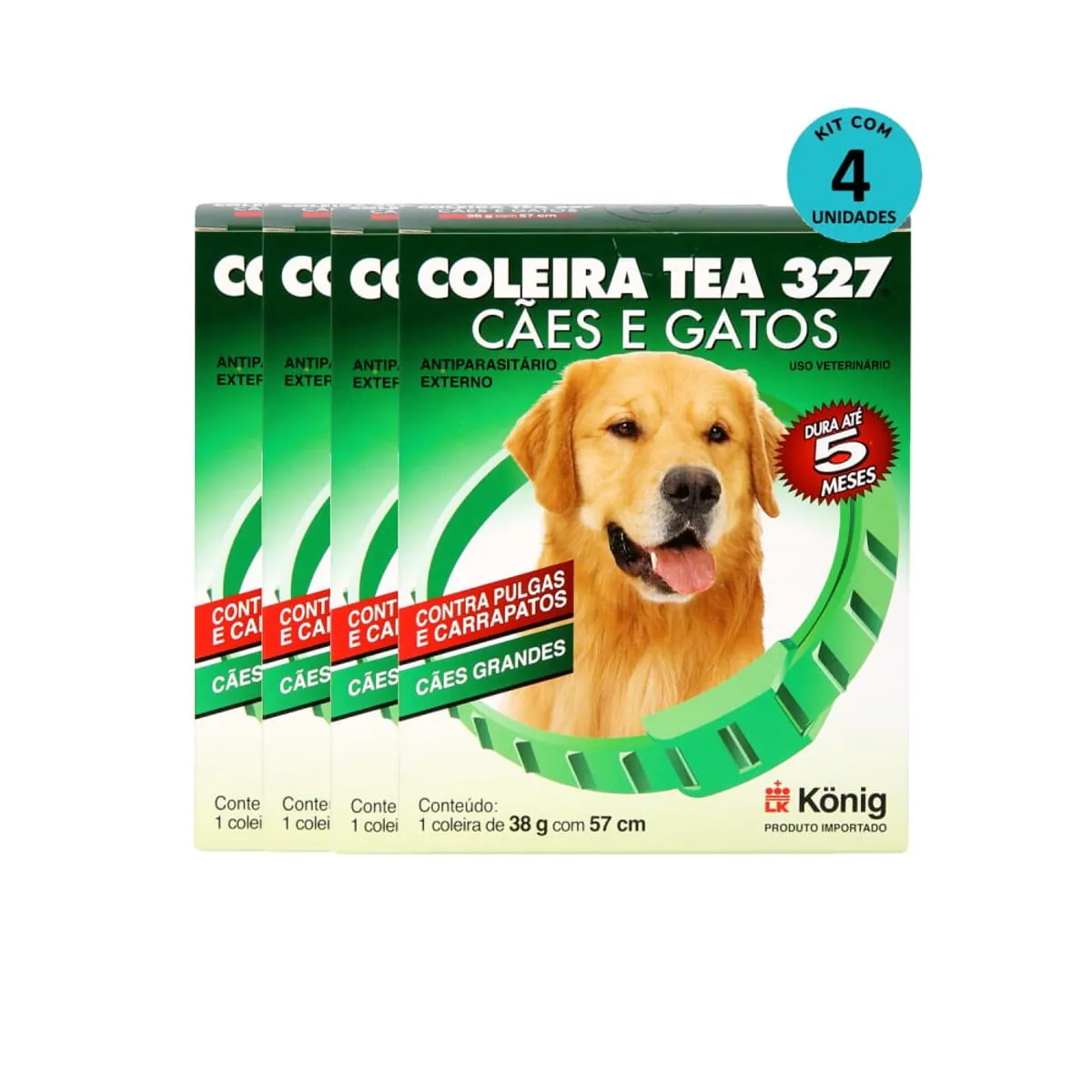 Kit Coleira Contra Pulgas e Carrapatos TEA 327 Cães Grandes König 38g c/ 57cm C/ 4 un