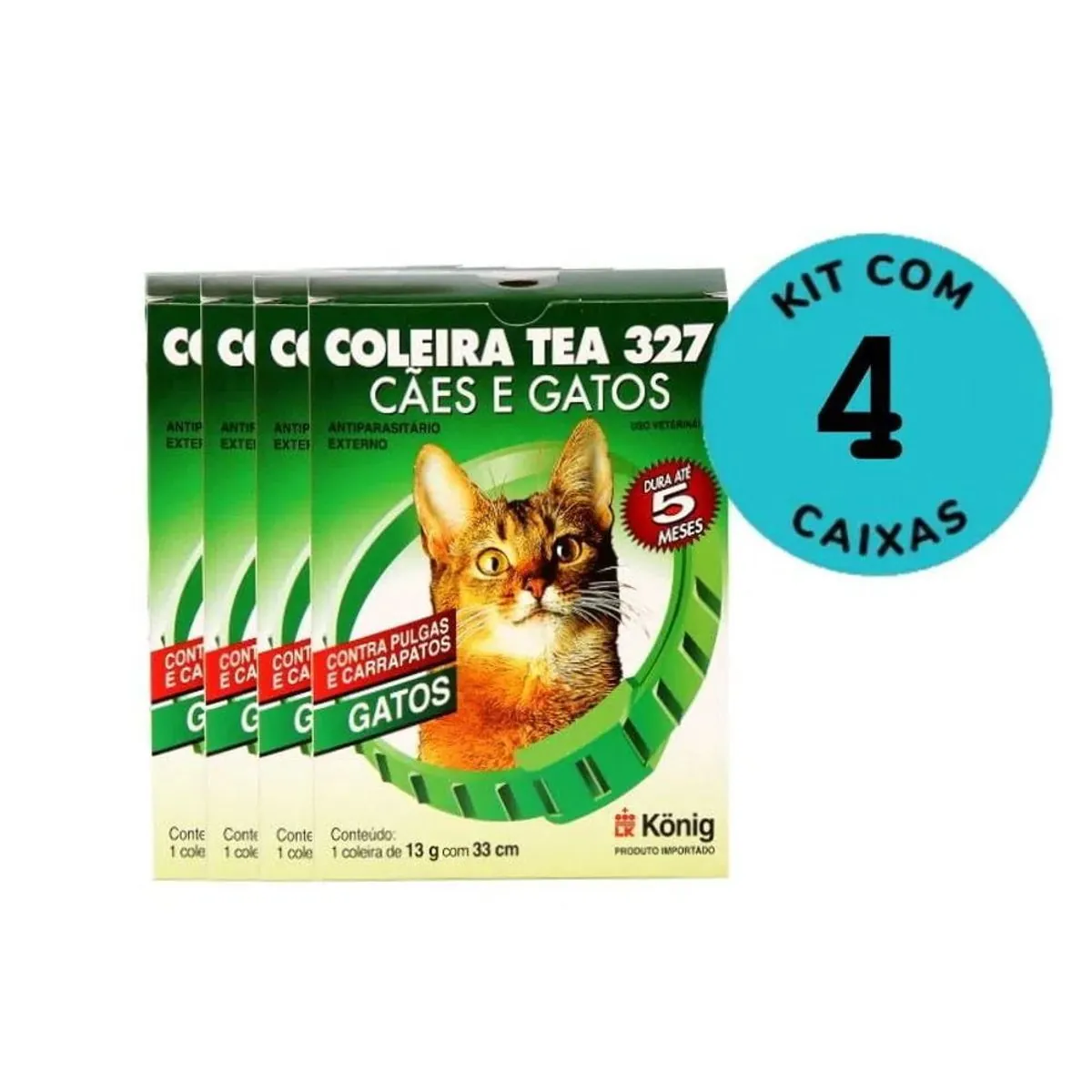 Kit Coleira Contra Pulgas e Carrapatos TEA 327 Gatos König 13g c/ 33cm C/ 4 unidades