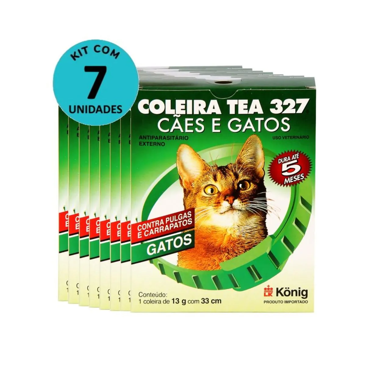 Kit Coleira Contra Pulgas e Carrapatos TEA 327 Gatos König 13g c/ 33cm C/ 7 unidades