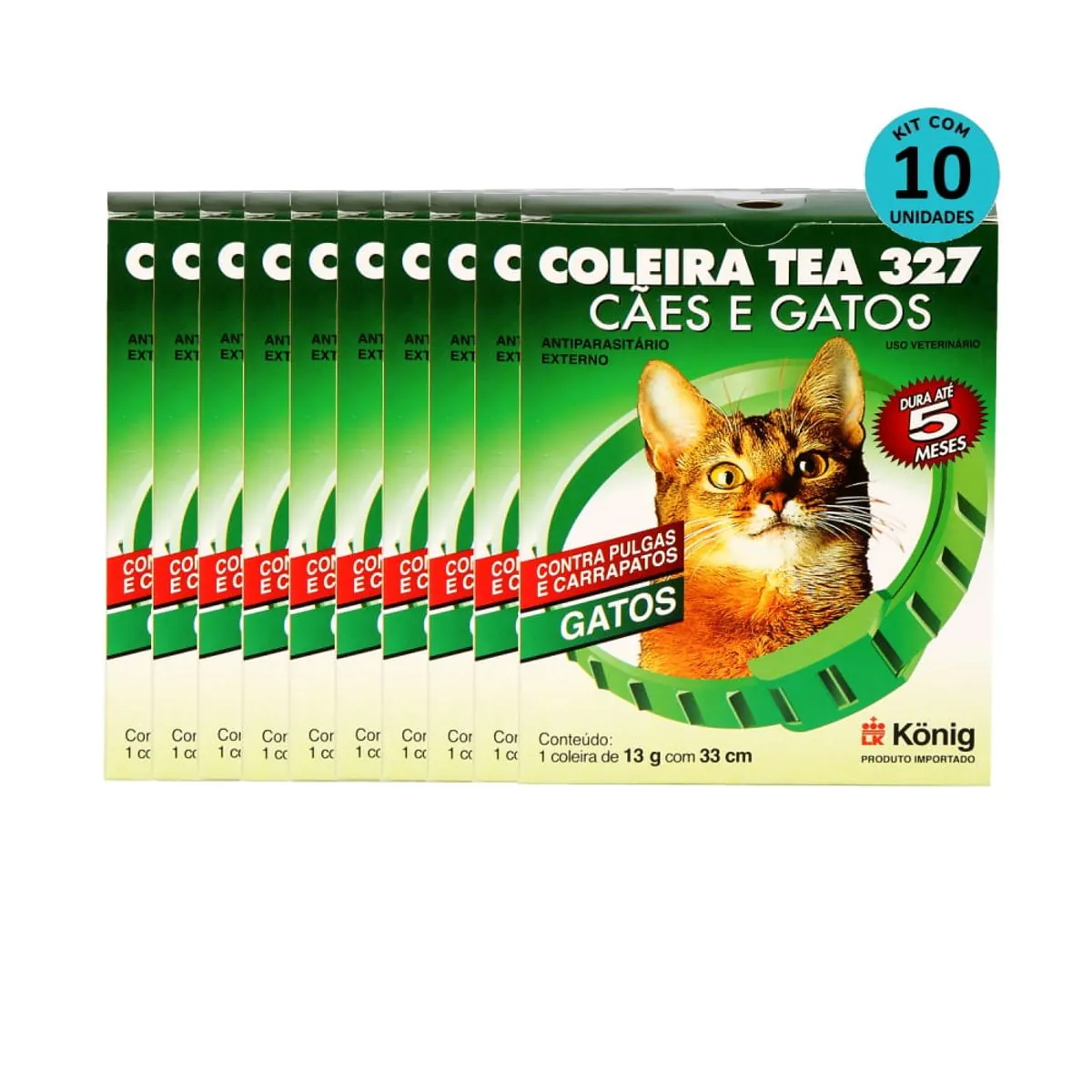 Kit Coleira Contra Pulgas e Carrapatos TEA 327 Gatos König 13g c/ 33cm C/ 10 unidades