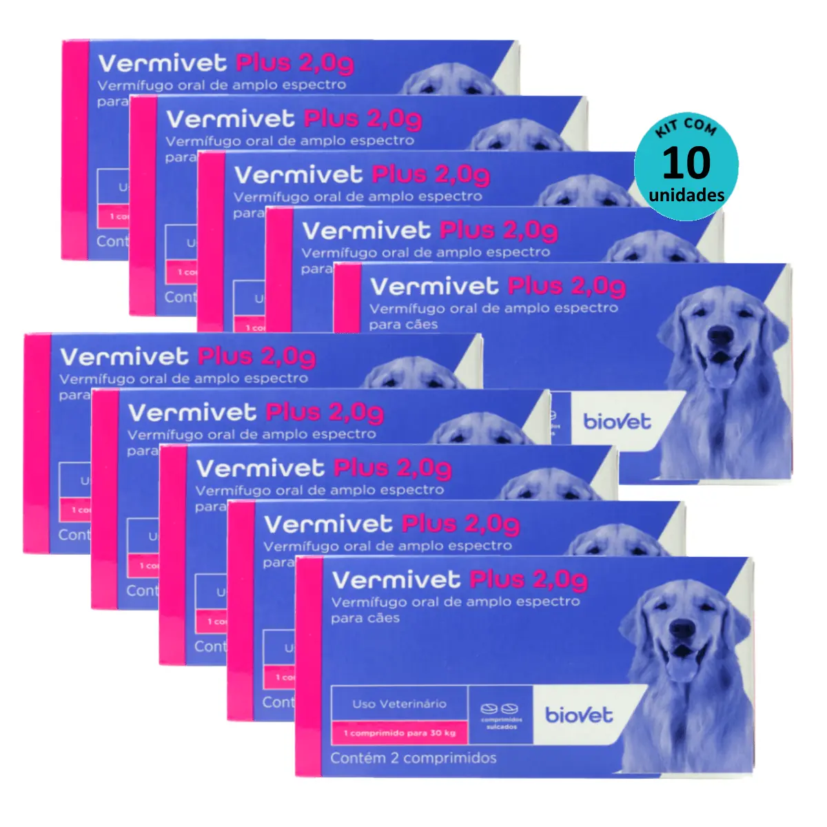 Kit Vermífugo Vermivet Plus Biovet 2g c/ 2 Comprimidos C/ 10 unidades