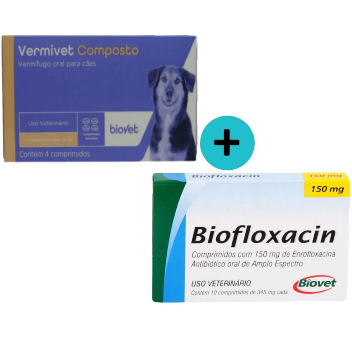 Kit 1 Vermivet Composto Biovet 600mg C/ 4 Comprimidos+1 Biofloxacin Biovet 150mg C/ 10 Comprimidos