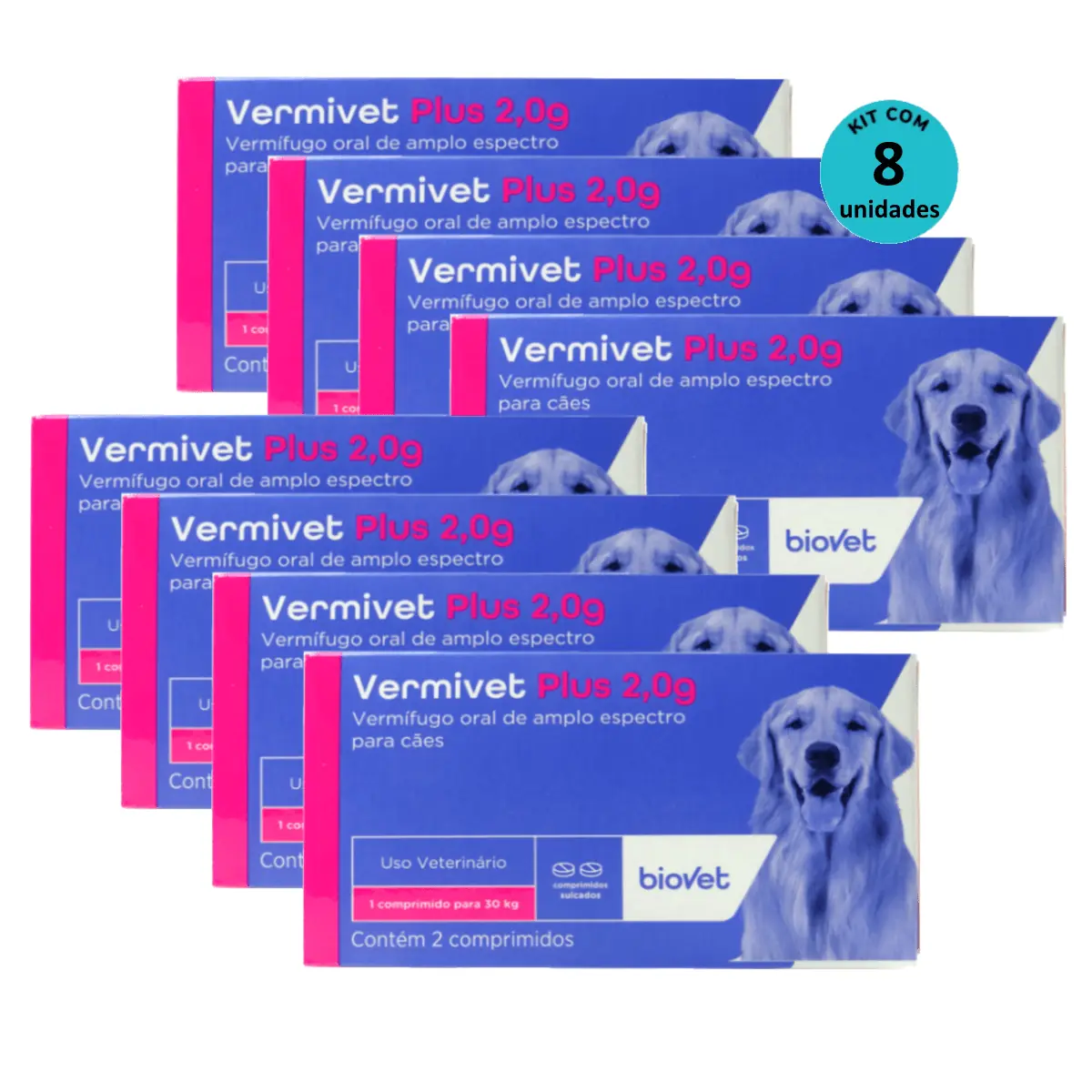 Kit Vermífugo Vermivet Plus Biovet 2g c/ 2 Comprimidos C/ 8 unidades - Kit Vermífugo Vermivet Plus B