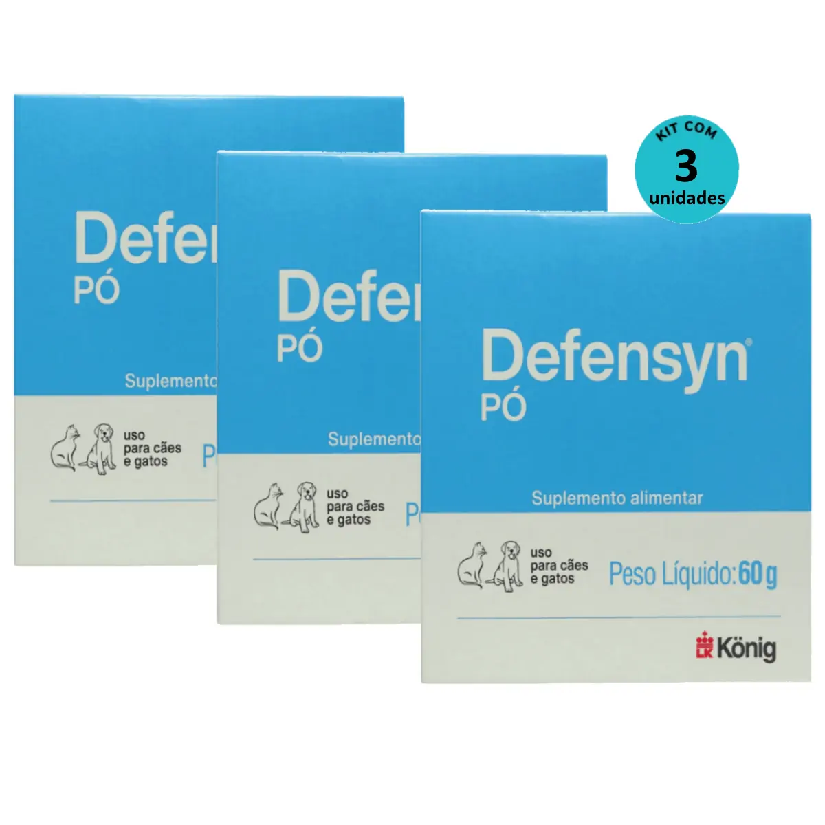 Kit 3 Suplemento Alimentar Defensyn Pó König 60g p/ Cães e Gatos