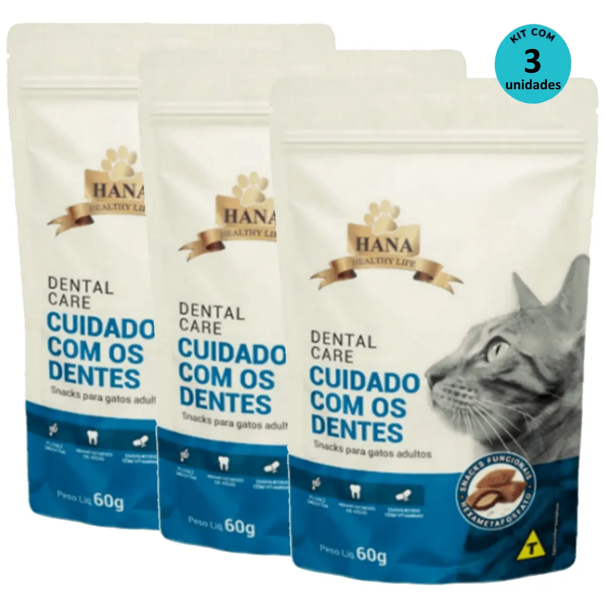 Kit 3 Snacks Hana Healthy Life Dental Care P/ Gatos Adultos- 60g