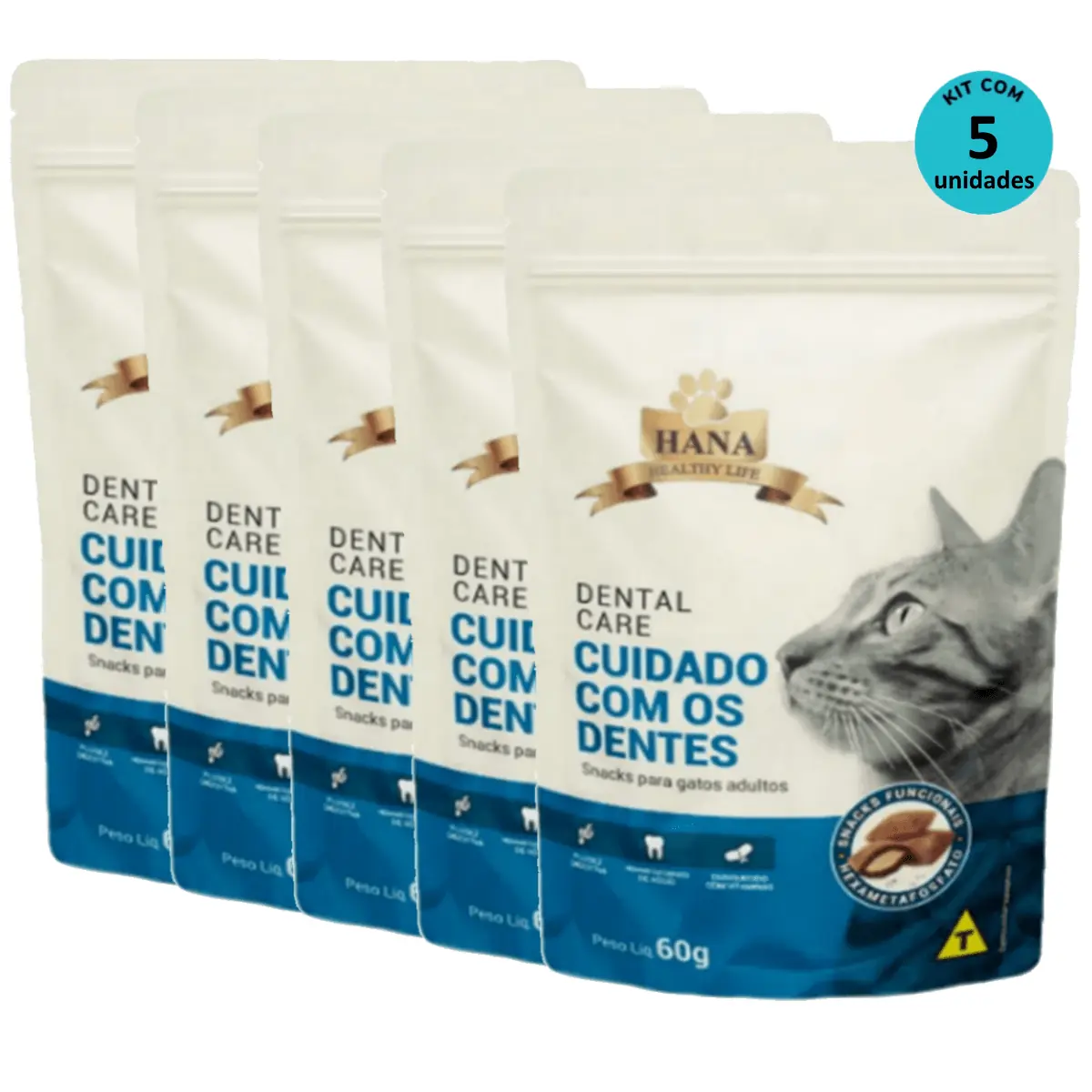 Kit 5 Snacks Hana Healthy Life Dental Care P/ Gatos Adultos- 60g