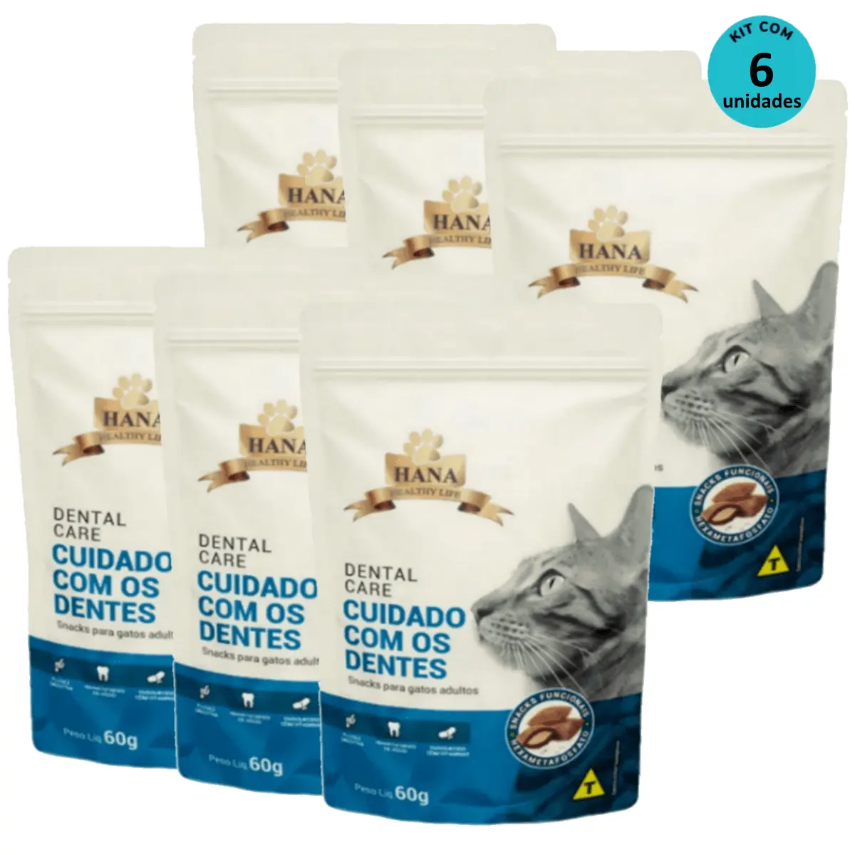 Kit 6 Snacks Hana Healthy Life Dental Care P/ Gatos Adultos- 60g