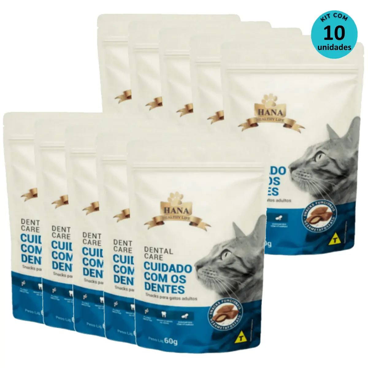 Kit 10 Snacks Hana Healthy Life Dental Care P/ Gatos Adultos- 60g