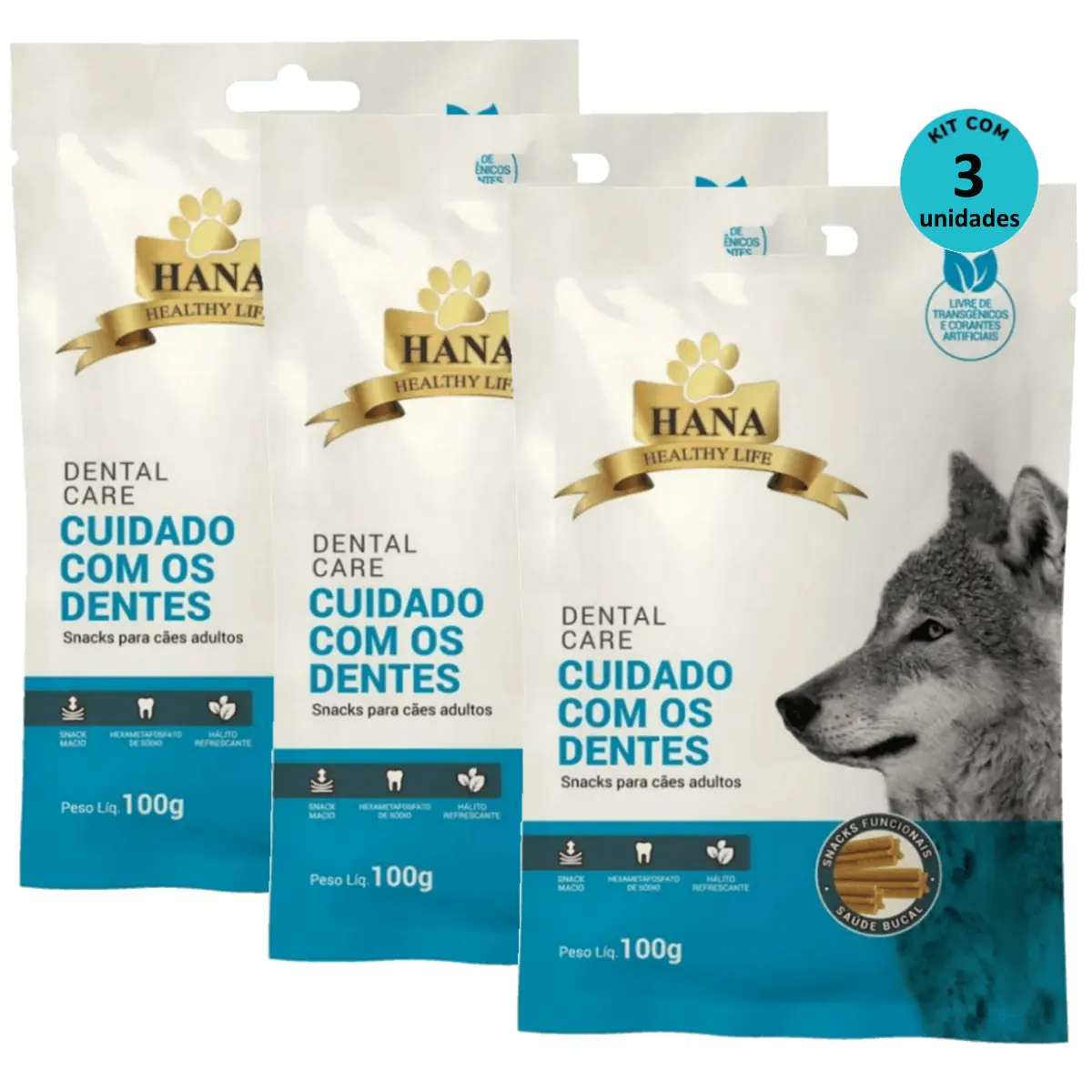 Kit 3 Snacks Hana Healthy Life Dental Care- Cuidado C/ os Dentes- P/ Cães Adultos- 100g
