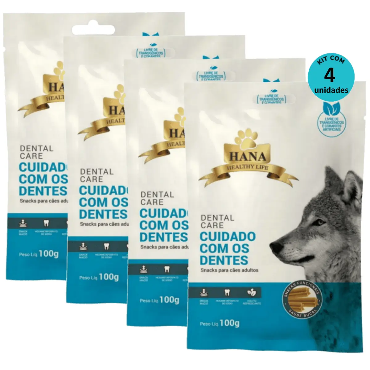 Kit 4 Snacks Hana Healthy Life Dental Care- Cuidado C/ os Dentes- P/ Cães Adultos- 100g