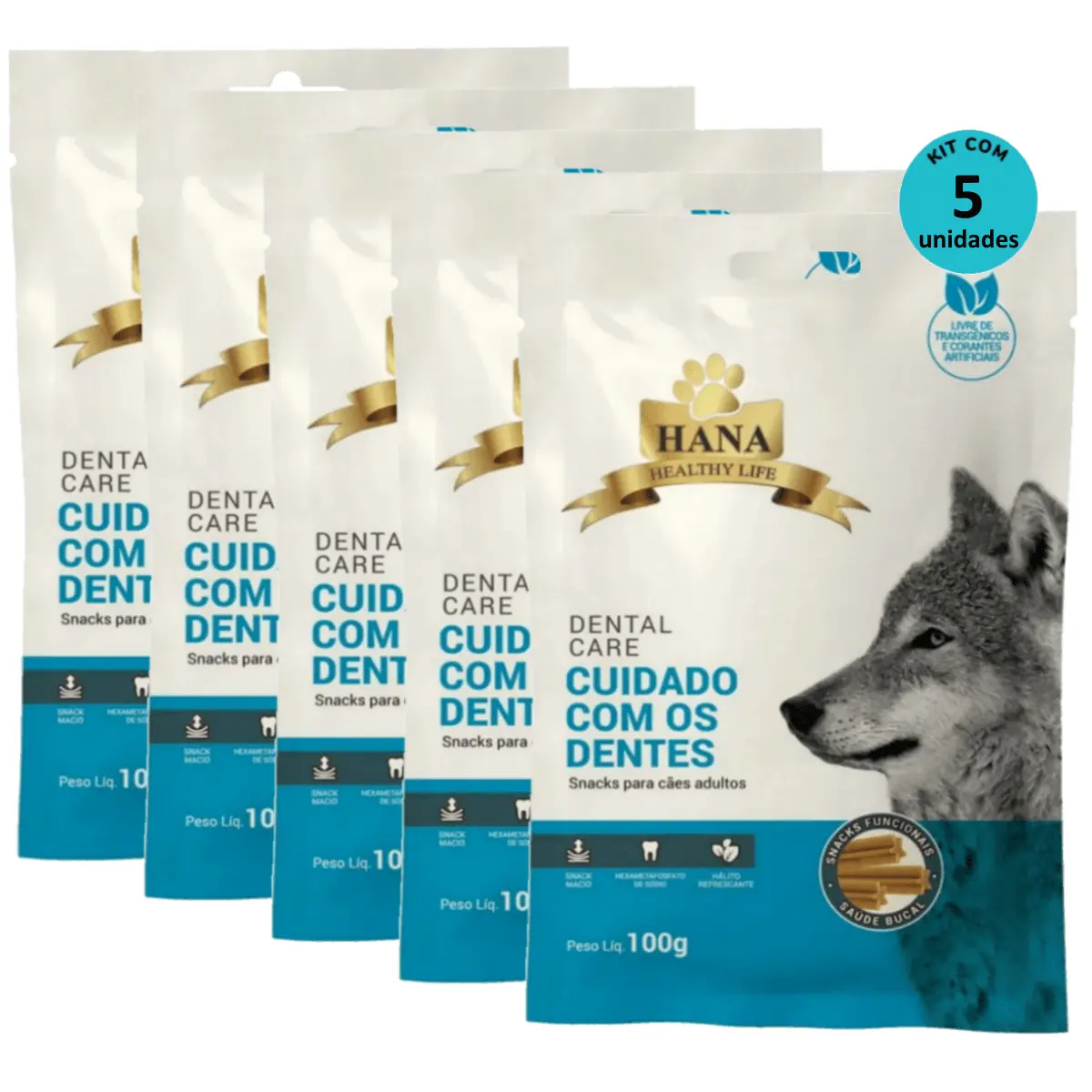 Kit 5 Snacks Hana Healthy Life Dental Care- Cuidado C/ os Dentes- P/ Cães Adultos- 100g