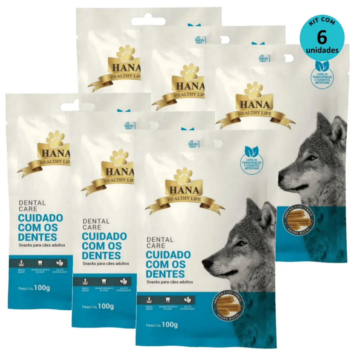 Kit 6 Snacks Hana Healthy Life Dental Care- Cuidado C/ os Dentes- P/ Cães Adultos- 100g