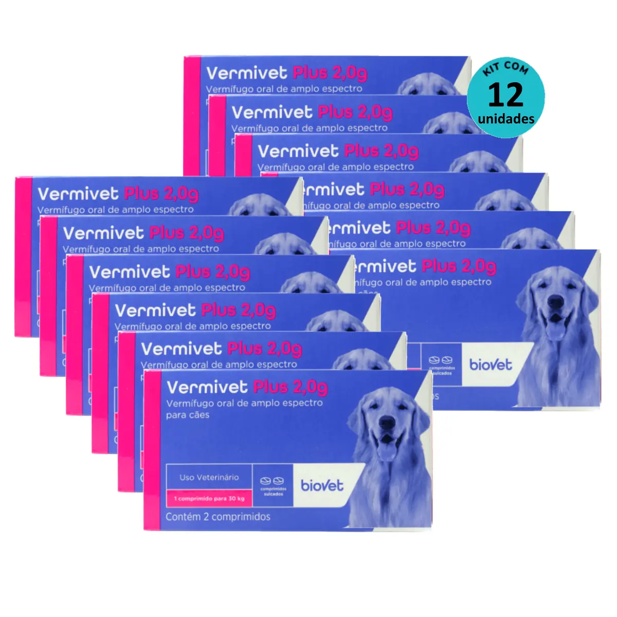 Kit Vermífugo Vermivet Plus Biovet 2g c/ 2 Comprimidos- 12 unidades