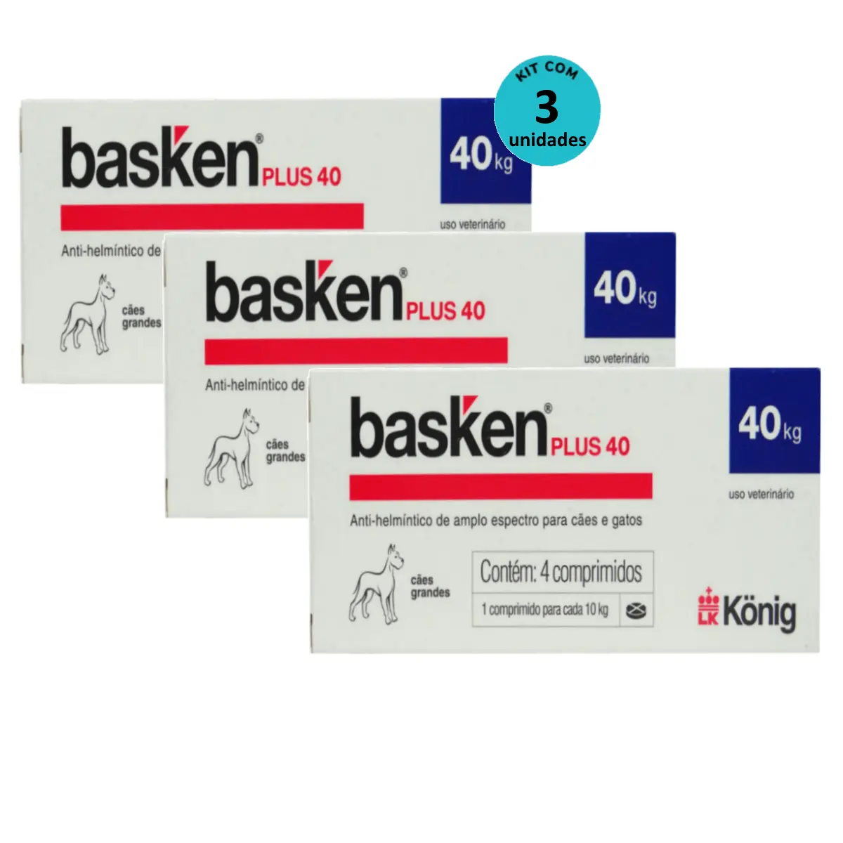 Vermífugo Basken Plus 40 p/ Cães e Gatos 1 comp. para cada 10Kg cx c/ 4 comp. Kit c/ 3