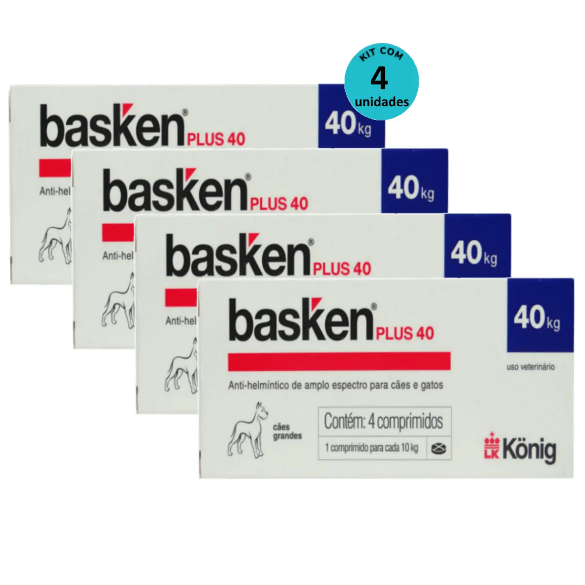 Vermífugo Basken Plus 40 p/ Cães e Gatos 1 comp. para cada 10Kg cx c/ 4 comp. Kit c/ 4