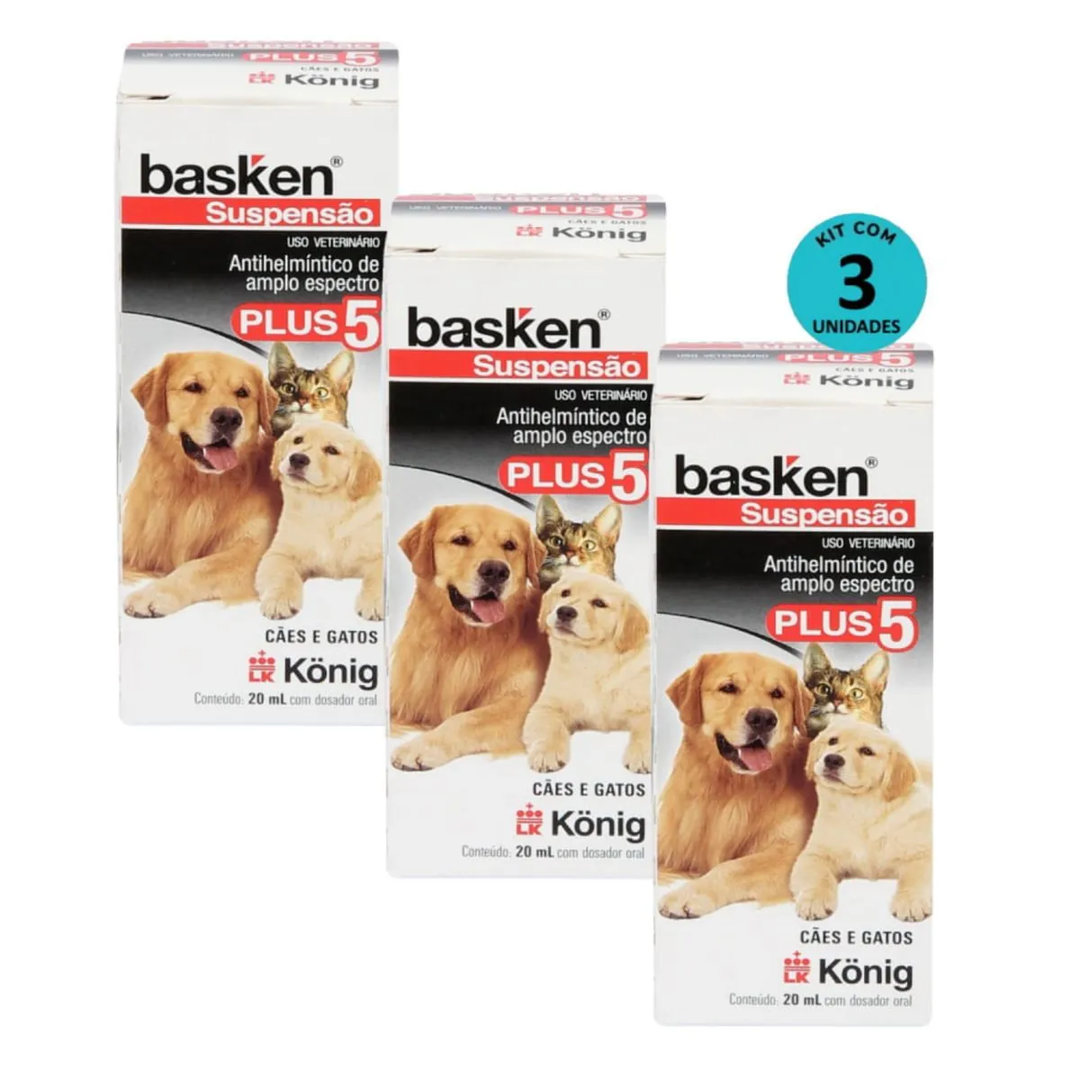 Kit 3 Vermífugo Basken Susp. Plus 5 Cães e Gatos 20ml- König