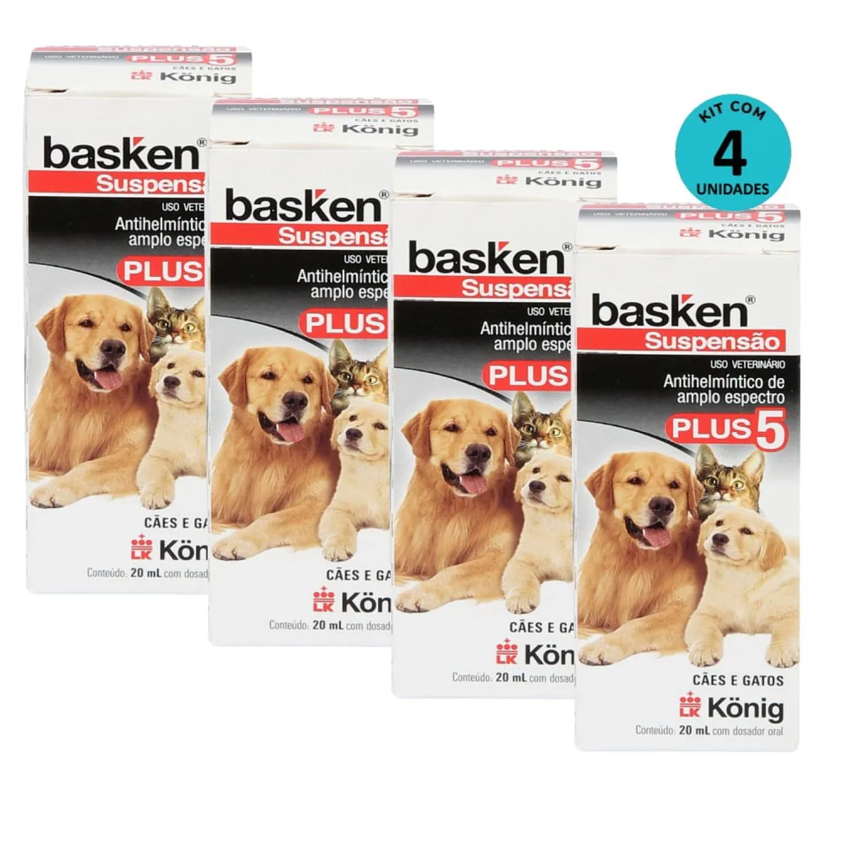 Kit 4 Vermífugo Basken Susp. Plus 5 Cães e Gatos 20ml- König
